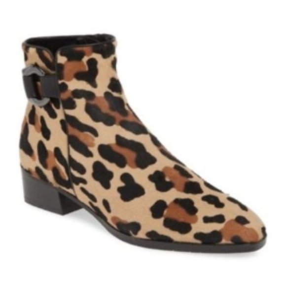 Aquatalia Faria Ankle Boots Leopard Weatherproof Calf Hair Tonal Strap Zipped - Picture 1 of 10